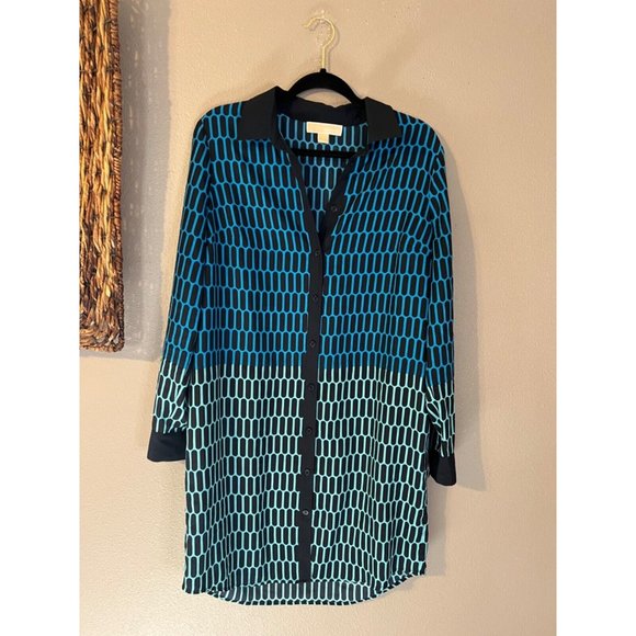 Michael Kors Shirt Dress L Large Blue Black Long Sleeve Career Church Washable - Picture 10 of 12